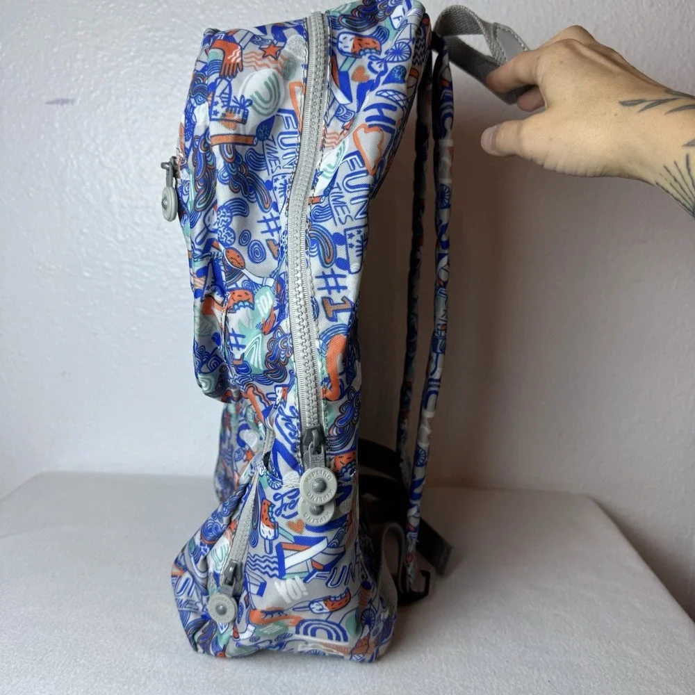 Kipling Dawson Laptop Backpack Fun In The sun Blue Pockets Travel All Over Print